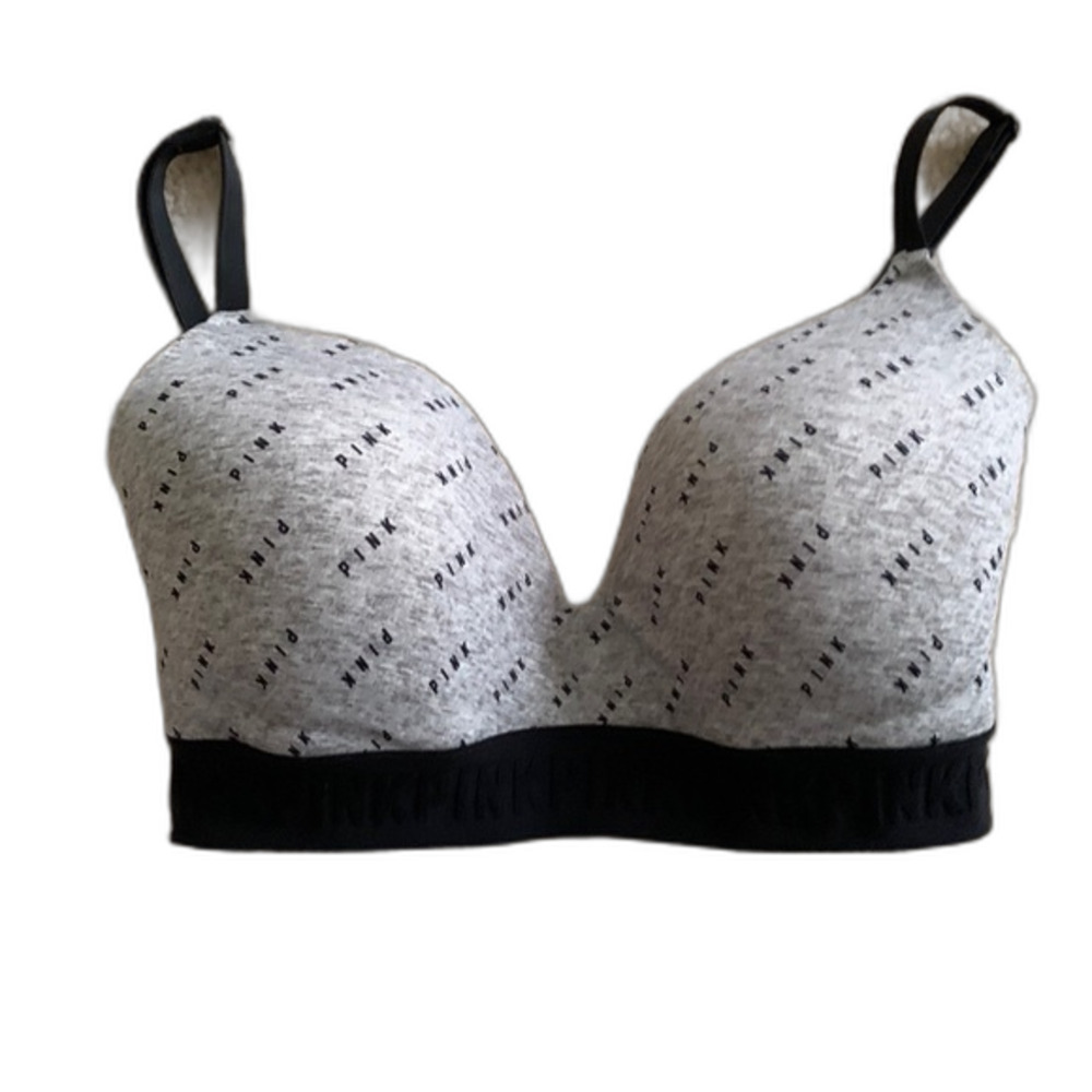 PINK Victoria's Secret Gray Black Logo Cotton Wireless Lightly Lined Bra Sz 32DD